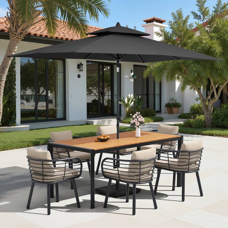 9/11-Piece Outdoor Dining Set w/10 ft Umbrella and Base Aluminum Dining Table and Chairs with Sunbrella Cushions - Set of 9 - Brown Table with Black Umbrella