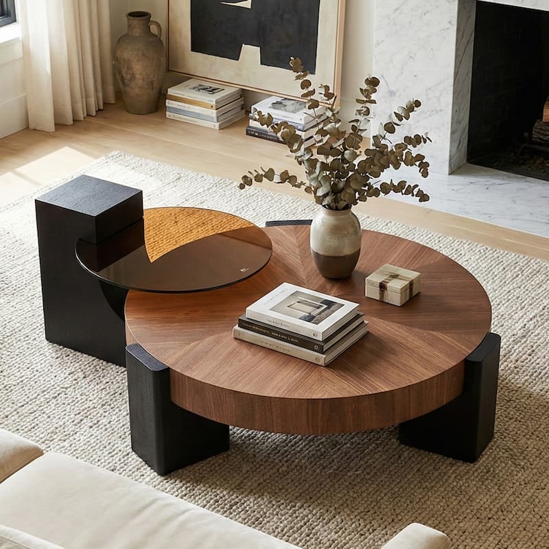 Modern 2-Tier Round Coffee Table Set with Walnut Finish & Black Accents