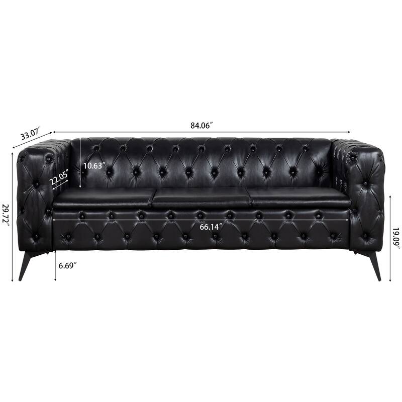 84.06" PU Traditional Square Arm 3-Seater Sofa with Removable Cushions, Pocket Spring Seat, and Iron Sled Base