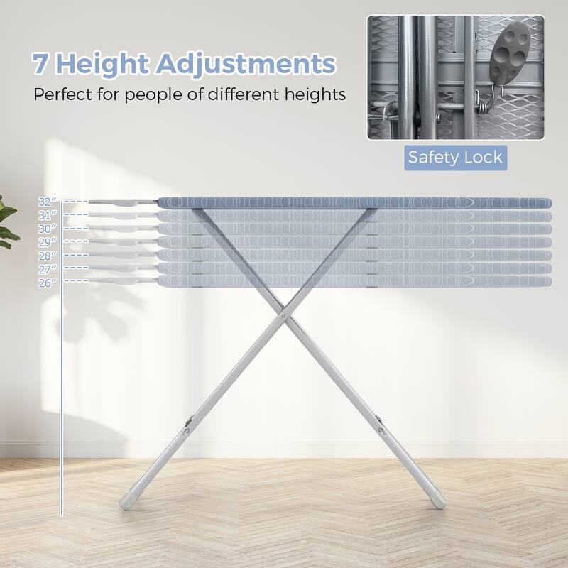 Grey Folding Adjustable Ironing Board with Heat Resistant Cover and Carbon Steel Frame - 48" x 13.5" x 26"-32"