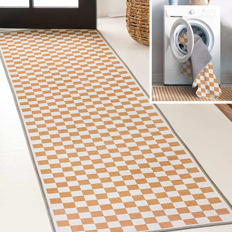 JONATHAN Y Kassia Modern Cottage Checkerboard Washable Area Rug - 2 X 8 - Gold/Cream