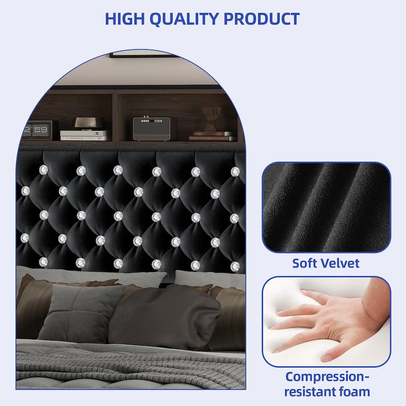 58" Tall Wingback Storage Headboard Bed Frame with USB Charging Stations and Deep Button Tufted