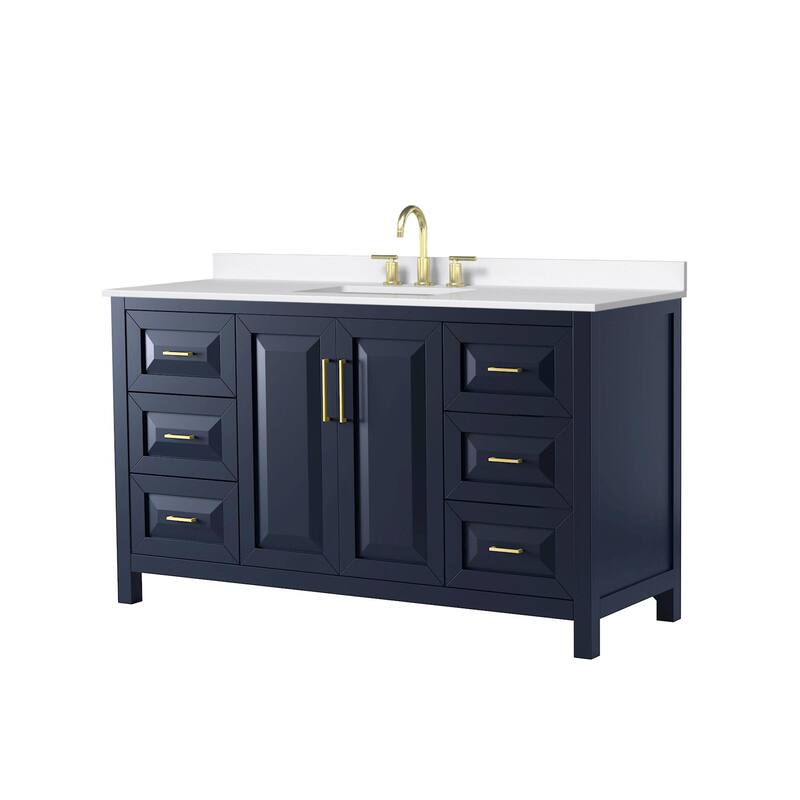 Wyndham Collection WCV252560S-QTZ-US3MXX Daria 60" Free Standing - Dark Blue / White Quartz Top / Brushed Gold
