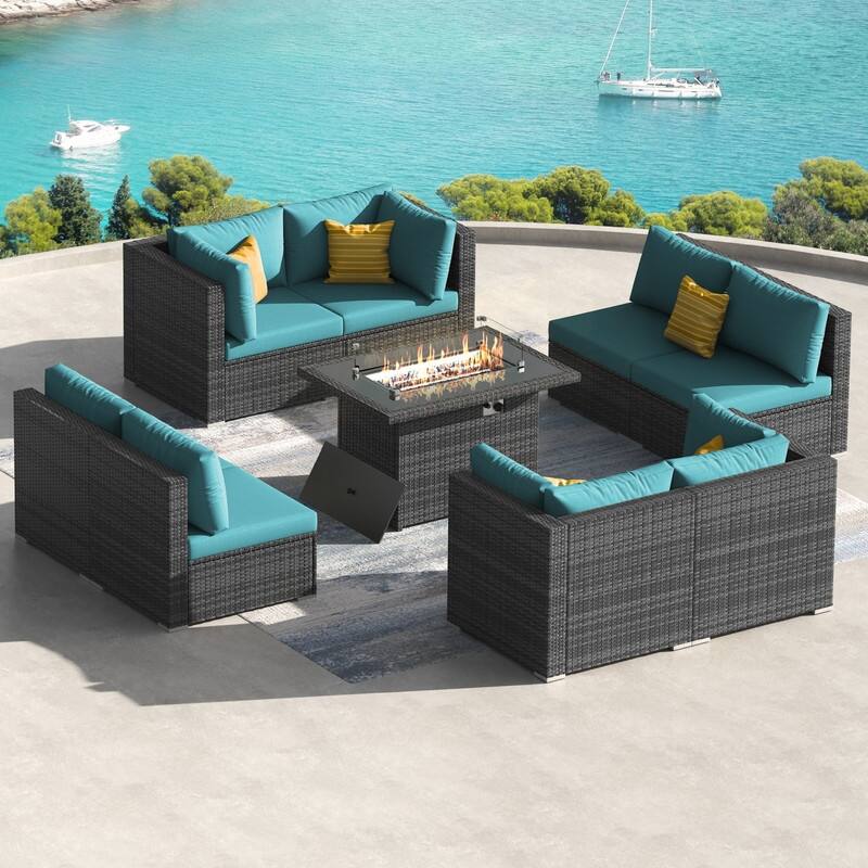 9-Piece Outdoor Wicker Patio Sectional Conversation Set with Fire Pit