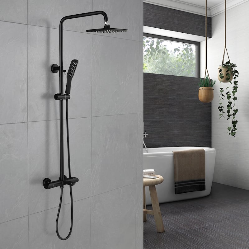 Wall Exposed Install 3-Way Thermostatic Rain Shower Head System Black with Slider Bar