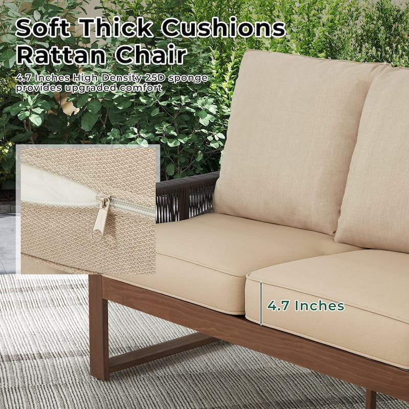 Outdoor 4-Piece Sofa Set with Coffee Table, PE Wicker & Cedar Wood Patio Furniture, Garden Conversation Set with Thick Cushions