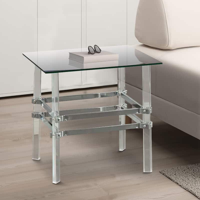 Square Glass and Metal End Table with Tubular Legs, Silver and Clear
