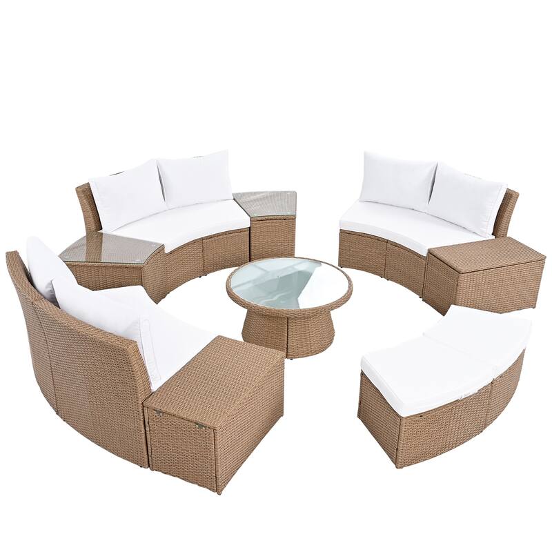 10-Piece Outdoor Sectional Half Round Patio Rattan Sofa Set, PE Wicker Conversation Furniture Set for Free Combination