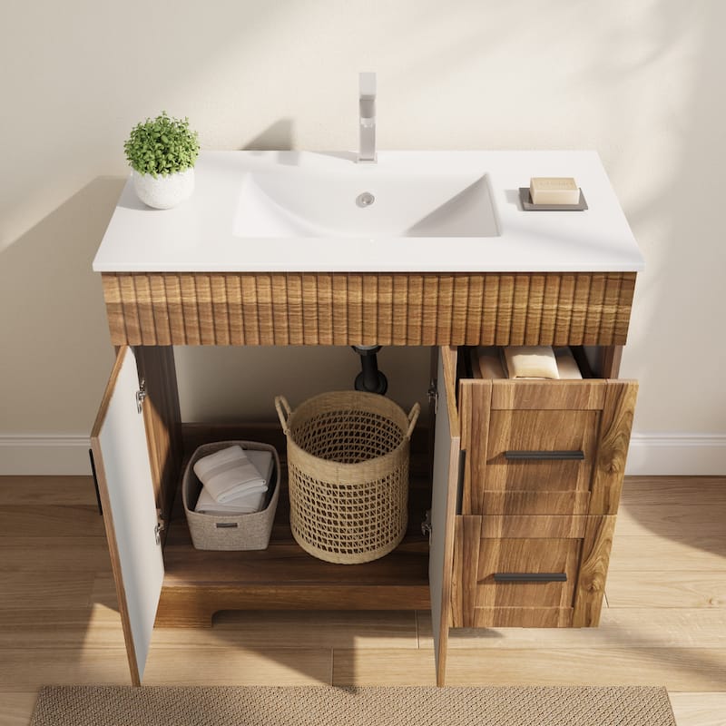EROMMY Bathroom Vanity with Sink and Faucet, Freestanding Vanity Cabinet with Drawers & Doors, White Ceramic Top