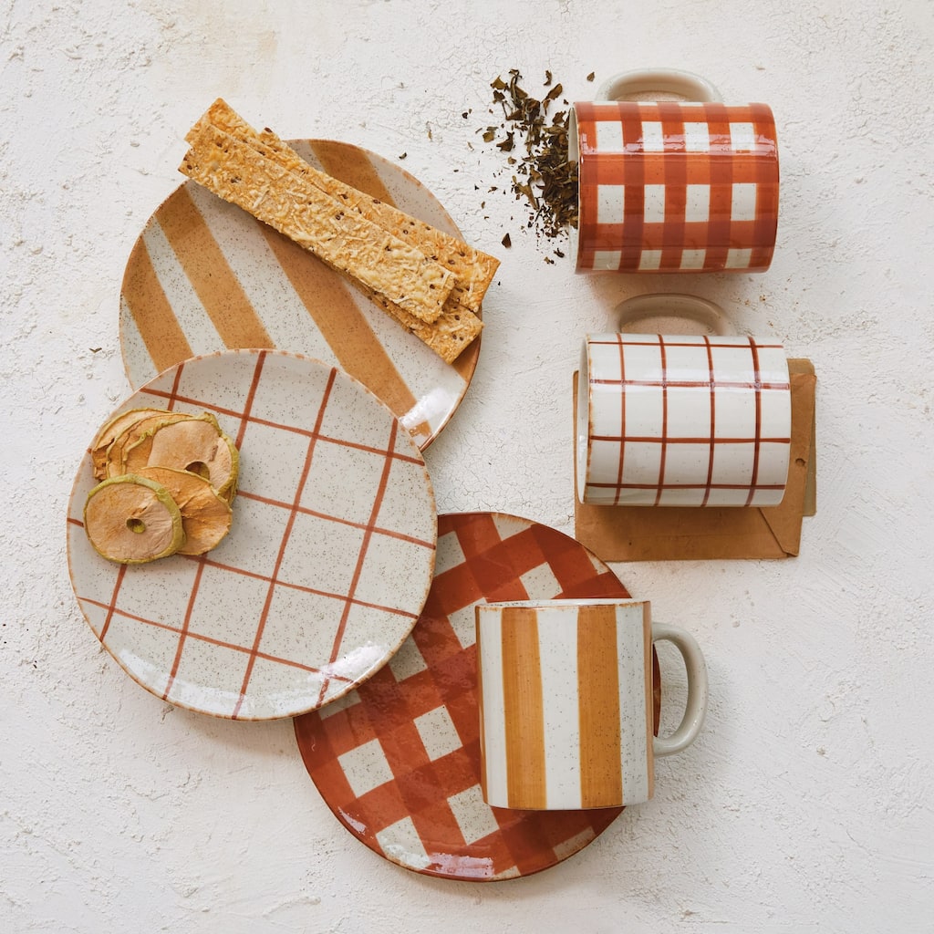 Hand-Painted Stoneware Plate with 3 Various Pattern, Set of 12