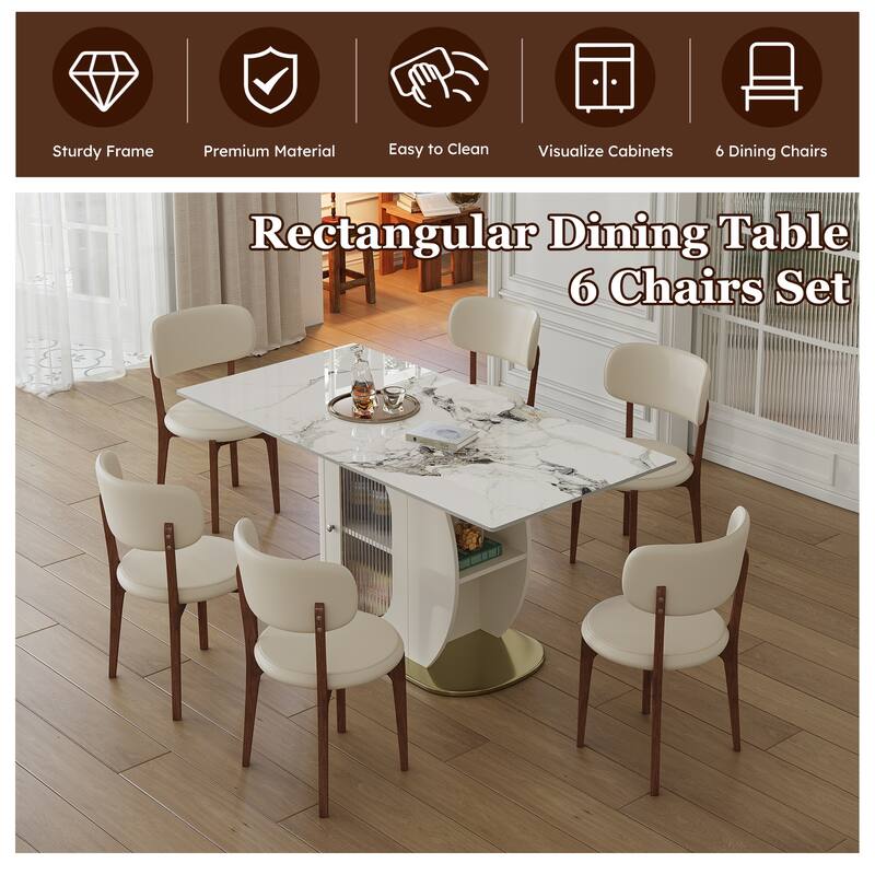 7-Piece Kitchen Table Set with 6 Velvet Chairs, Dining Table Set with Storage Cabinets for Dining Room