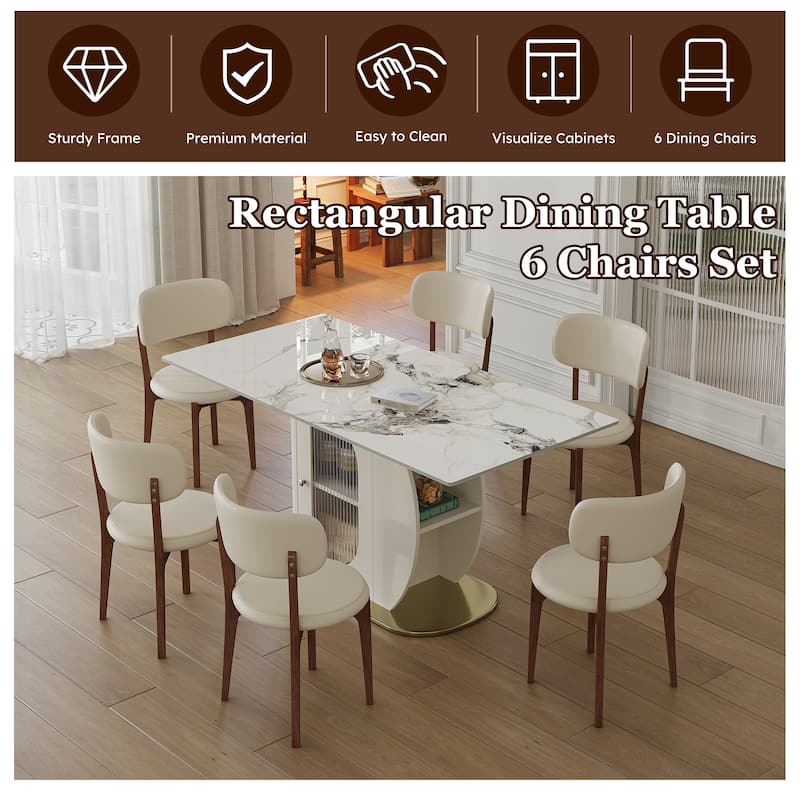 Roomfitters 63 Inch Dining Table Set with Chairs, Sintered Stone Kitchen Desk with Storage Cabinet, White & Gold
