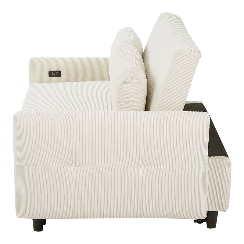 57.48" Corduroy Convertible Sofa Bed with Pull-Out Sleeper, Adjustable Backrest & USB