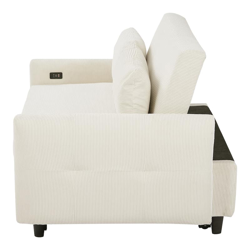 57.48" Pull-out Sofa Bed Convertible Couch with USB Ports, Beige Corduroy
