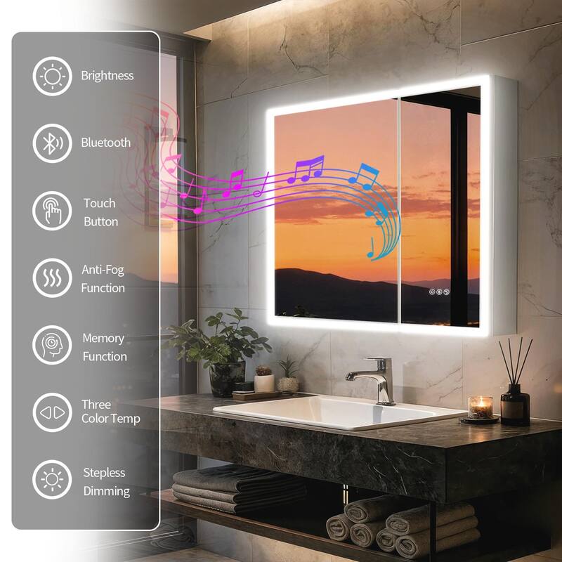 Wall Mounted Medicine Cabinet Bathroom Cabinet Jewelry Organizer with Bluetooth Dual Speakers Adjustable Glass Shelves