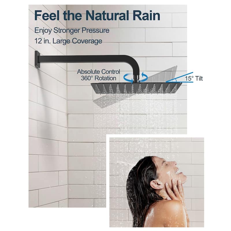 GRANDJOY Dual Shower Heads 12" Rainfall Thermostatic Shower System Faucet Set with Rough-in Valve