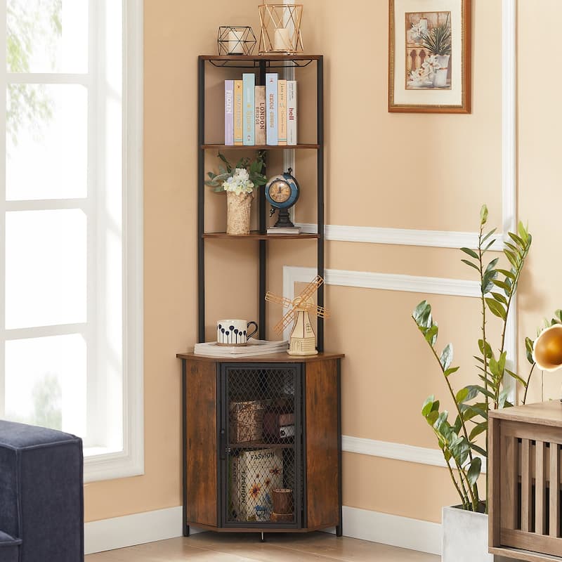 Javlergo 5-tier Wood Bookshelf Bookcase Display Corner Shelf with Storage and Glass Holder 63" Wine Bar - 1 PCS - Rustic Brown
