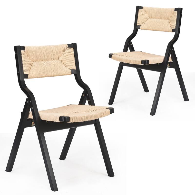 Foldable Chairs Wooden Stackable Dining Chairs for Kitchen & Dining Room Chair Woven Seat & Webbing Back, Dining Chair Set of 2 - Black+Natural