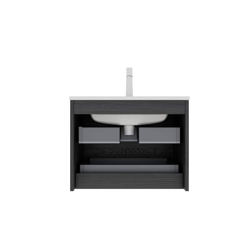 Minimalist Wall Floating Bathroom Vanity Horizontal Stripe Storage Cabinet with Integrated Sink and 2 Soft Close Drawers