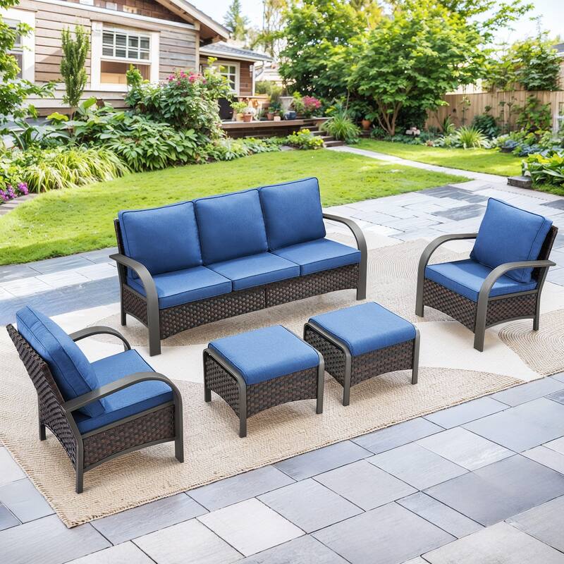 Pocassy Outdoor Patio Furniture Set - Brown Rattan - Blue Cushion - 5PCS Sofa Patio Chair with Ottoman