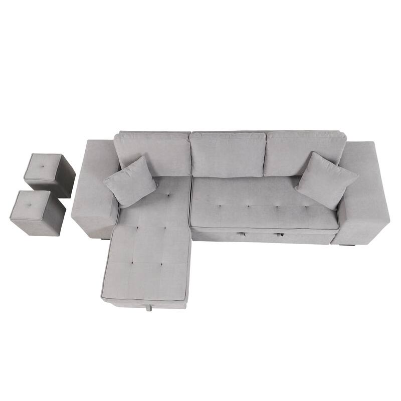 Grey 104.5" Charcoal L-Shaped 3 Seater Convertible Sofa with Pull-Out Bed, Storage Chaise and 2 Stools for Living Room