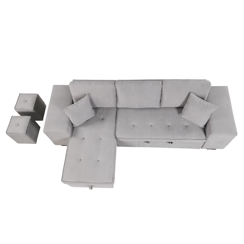 Roomfitters 3-Seater Modern L-Shape Reversible Sectional Couch, Pull-Out Sleeper Sofa with Storage Chaise and Two Stools