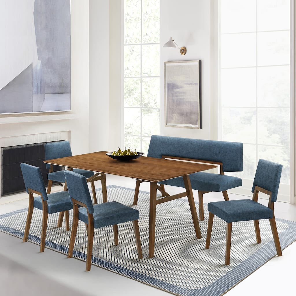 Channell Mid-Century Modern 6 Piece Dining Table set with 4 Dining Chairs and 1 Dining Bench