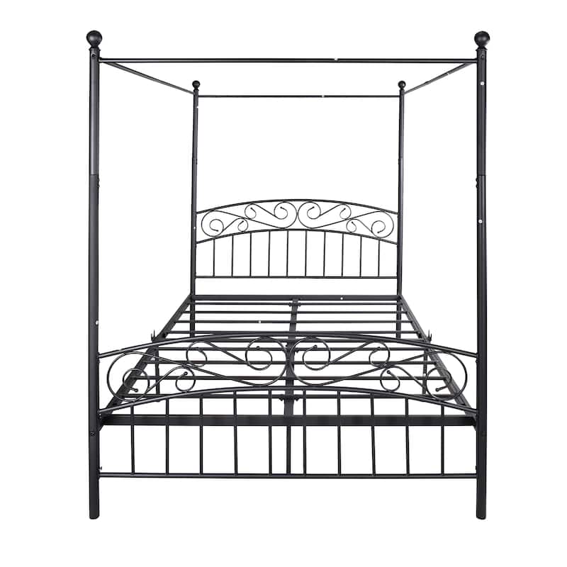 Metal Canopy Bed Frame with Ornate European Style Headboard & Footboard