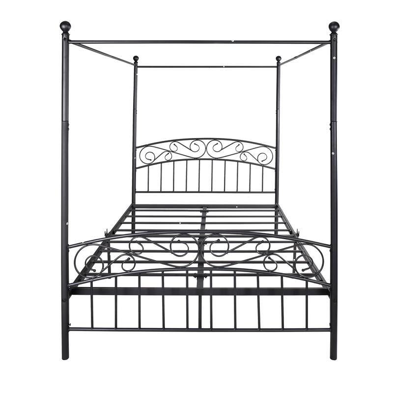 Metal Canopy Bed Frame with Ornate European Style Headboard & Footboard - Black - Queen
