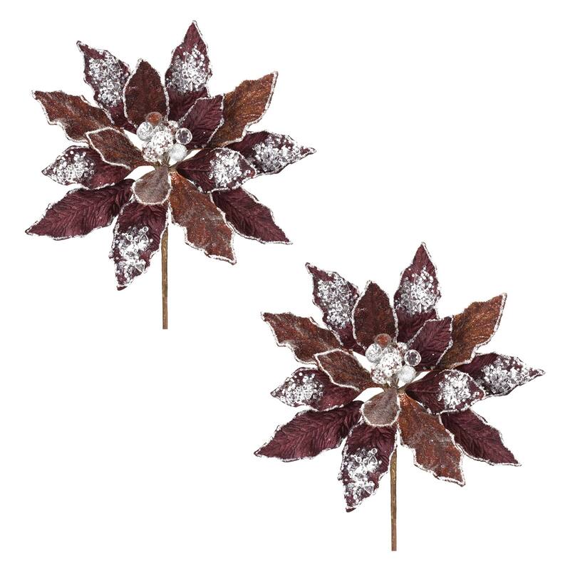 2 Piece Set Glittered Poinsettia Artificial Christmas Stems 27"