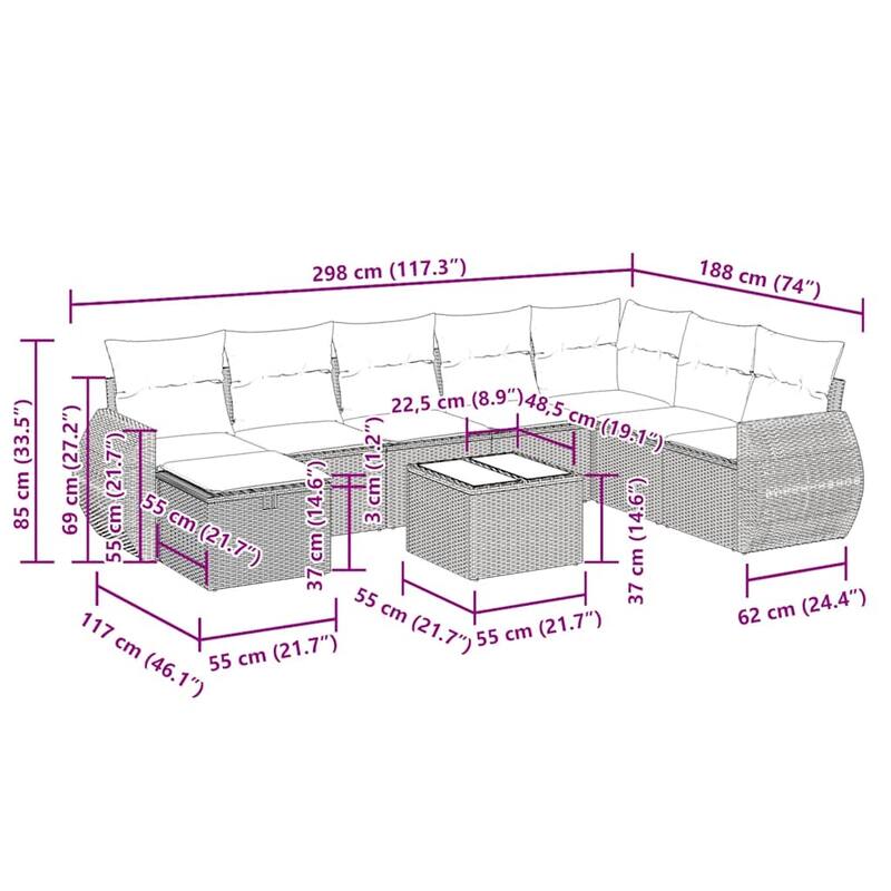 vidaXL 8 Piece Patio Sofa Set with Cushions Black Poly Rattan - 21.7 x 24.4 x 27.2