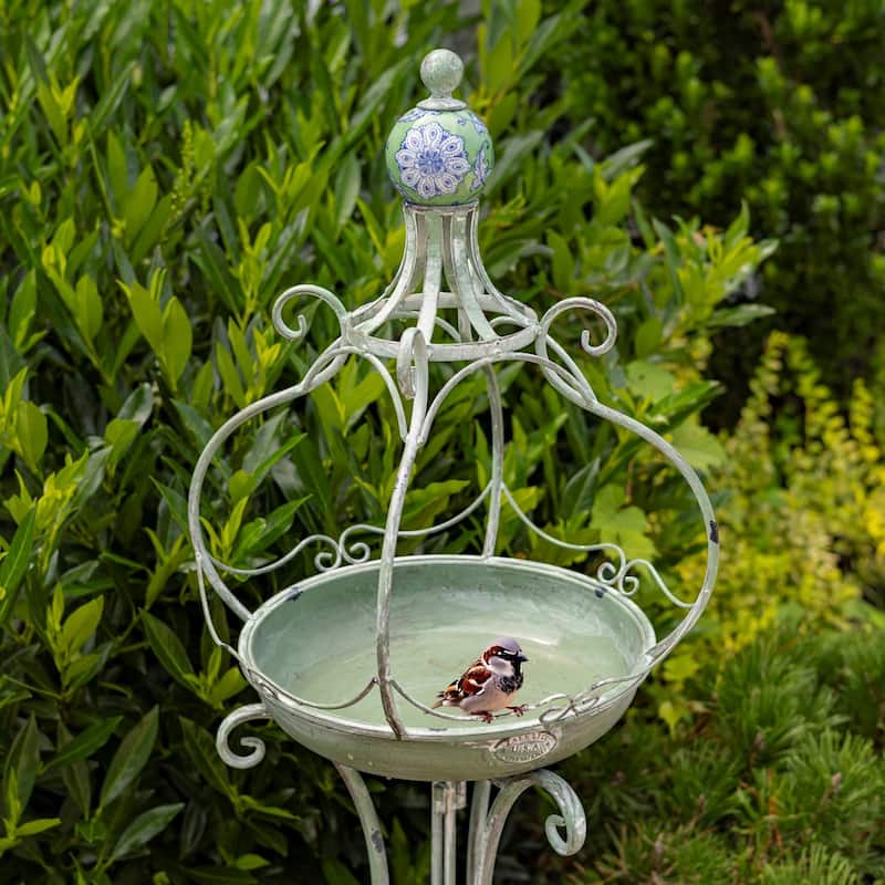 45 Inch Tall Standing Green Iron Birdbath with Ceramic Sailor Ball - 14.57x14.57x44.88
