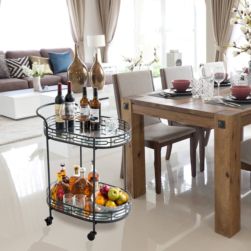Silver Orchid Marsh Oval Mirrored Glass Top New Bar Cart with wheels