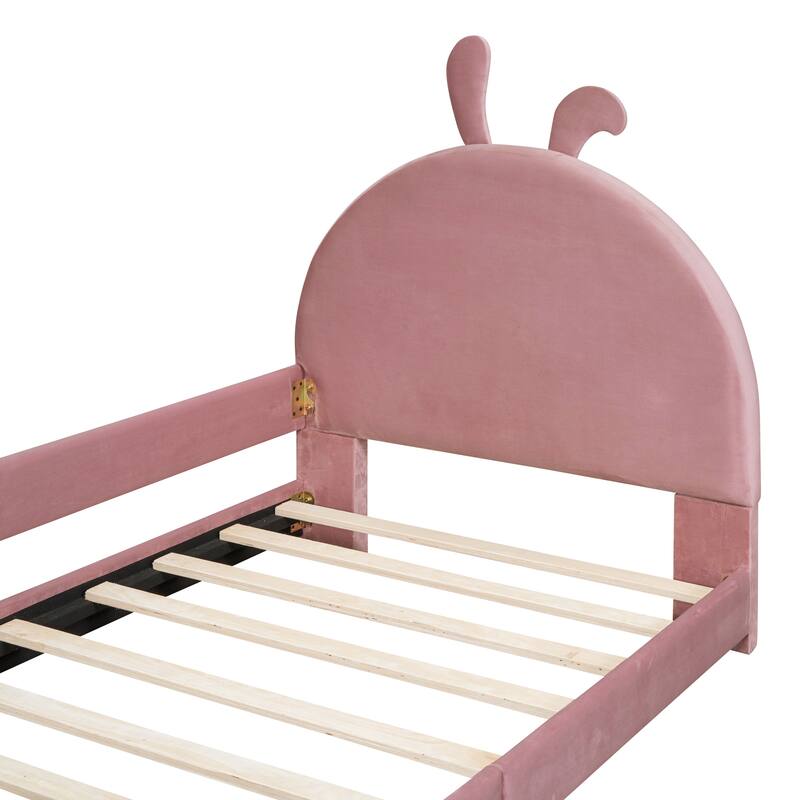 Playful Twin Daybed with Rabbit Ear Headboard, Velvet Upholstery, and Sturdy Wood Frame for Kids' Rooms