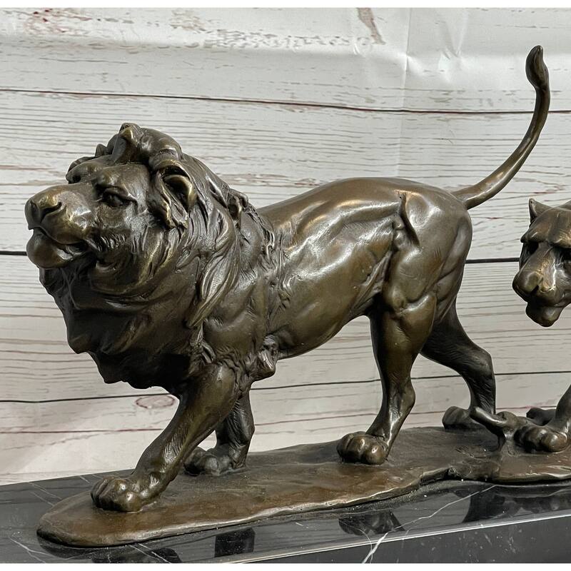 Male Female Imitative Lion Imitative Lions On The Prowl Bronze Sculpture Statue Signed Original Art