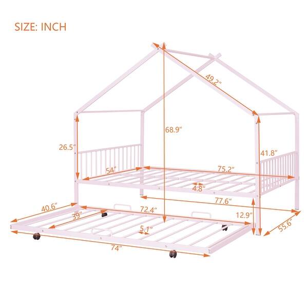 dimension image slide 3 of 6, Twin/Full Size Metal Platform Bed Frame with Twin Size Trundle, Kids House Bed with Headboard and Footboard