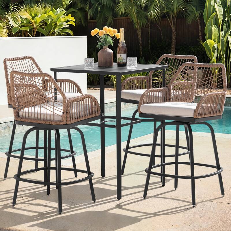 Swivel Patio Bar Set with Cushions, Handwoven Twisted Rattan Design