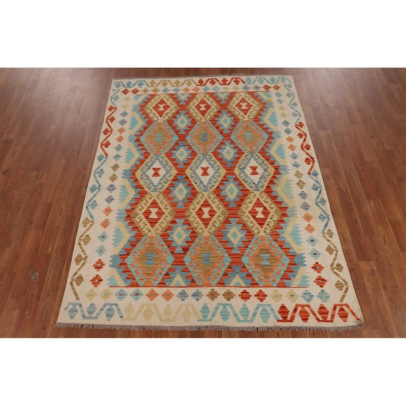 Kilim Reversible Oriental Area Rug Hand-Woven Wool Carpet - 4'10"x 6'5"