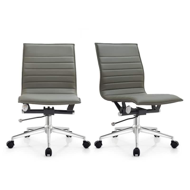 Set of 2 Modern Office Chairs | Upholstered PU Leather Ribbed Armless Mid Back with Metal Frame | Adjustable Height, Tilt -  Upholstered PU Leather Ribbed Armless Mid Back with Metal Frame | Adjustable Height, Tilt|Grey