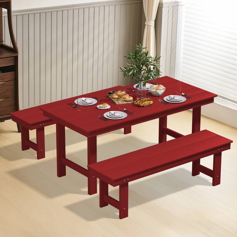 3-Piece HDPE Outdoor Dining Set with Umbrella Hole Table and Two 2-Person Benches