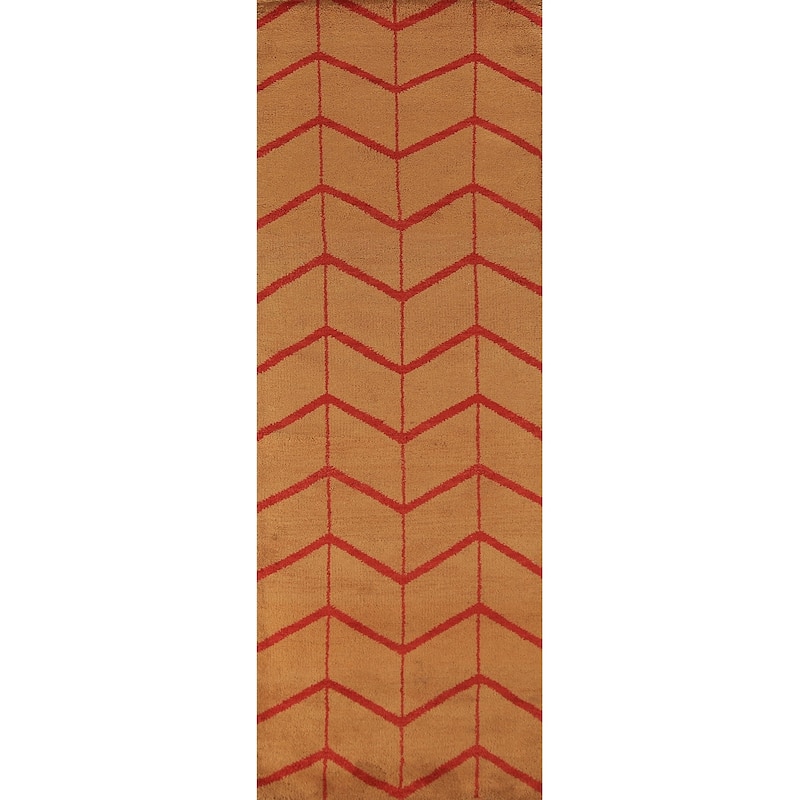 Hand Knotted Oriental 100% Wool Carpet Modern Geometric Oranges & Rust Moroccan Runner Rug - 9' 10'' X 2' 9''