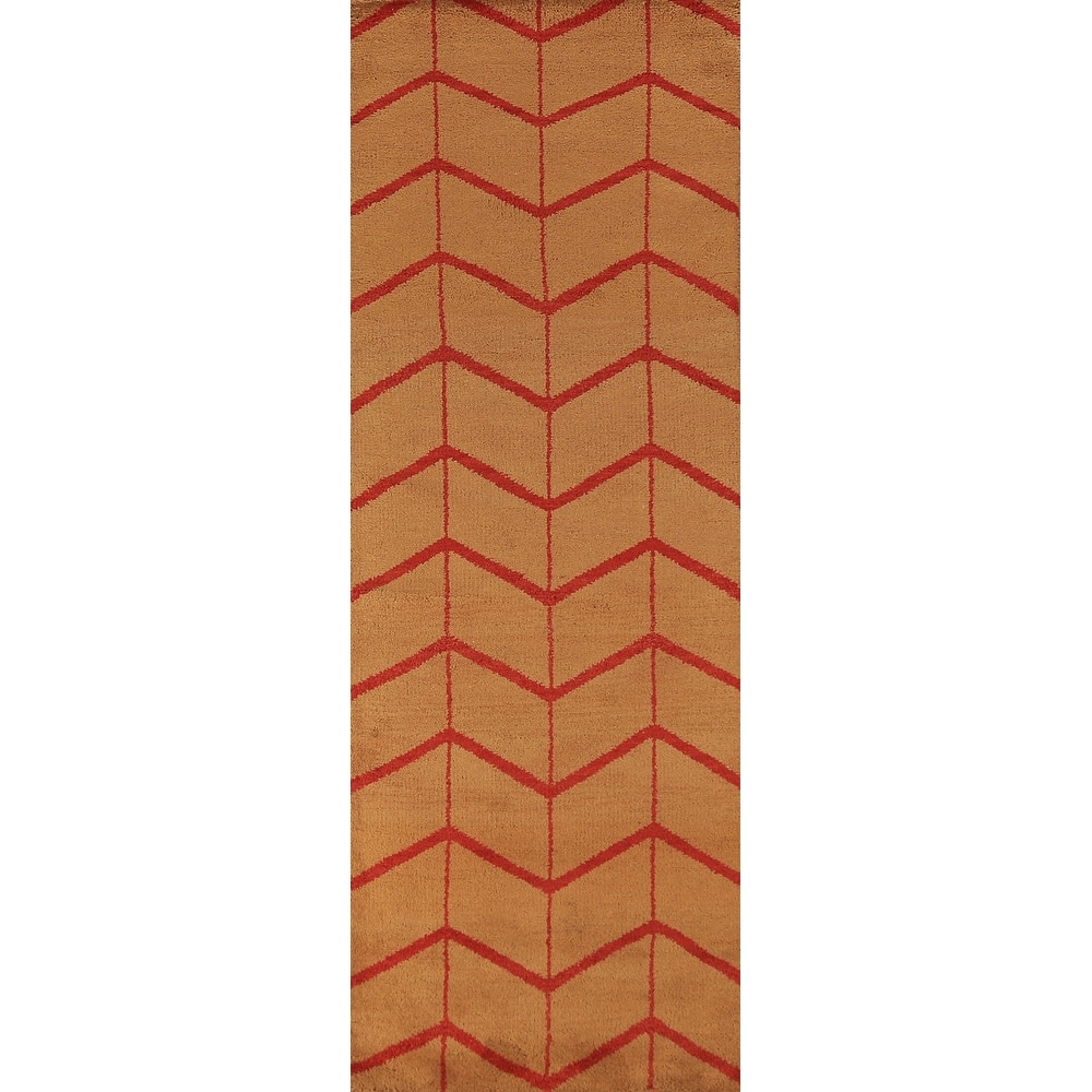 Hand Knotted Oriental 100% Wool Carpet Modern Geometric Oranges & Rust Moroccan Runner Rug - 9' 10'' X 2' 9''
