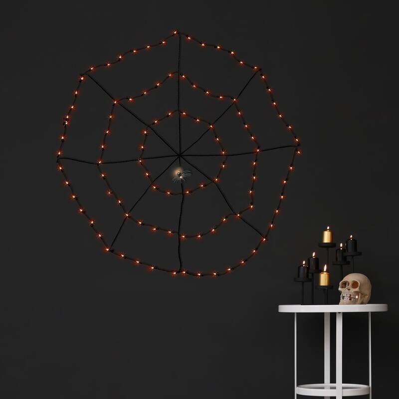 5' Lighted Orange Black Spider in Web Halloween Decoration, Black Wire
