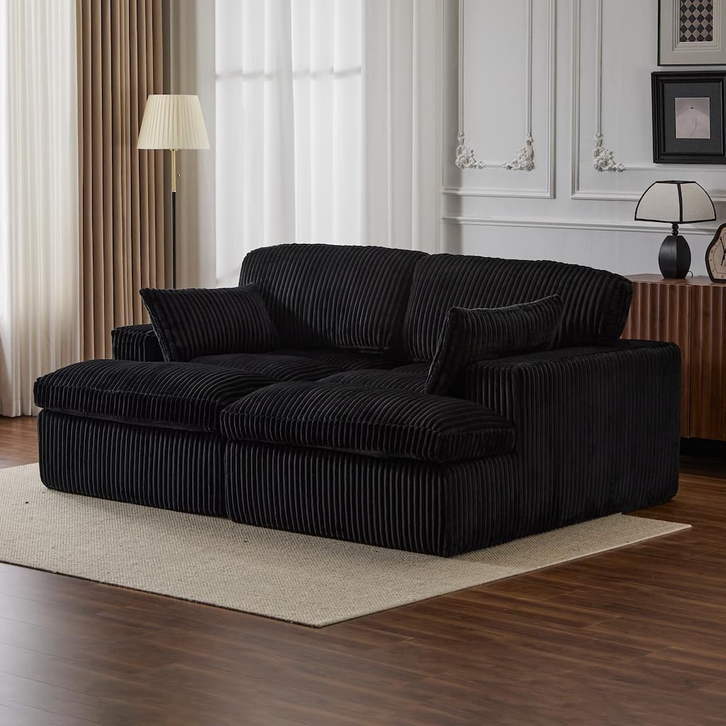 Double Chaise Lounge Chair, Corduroy, Black, No Assembly Required