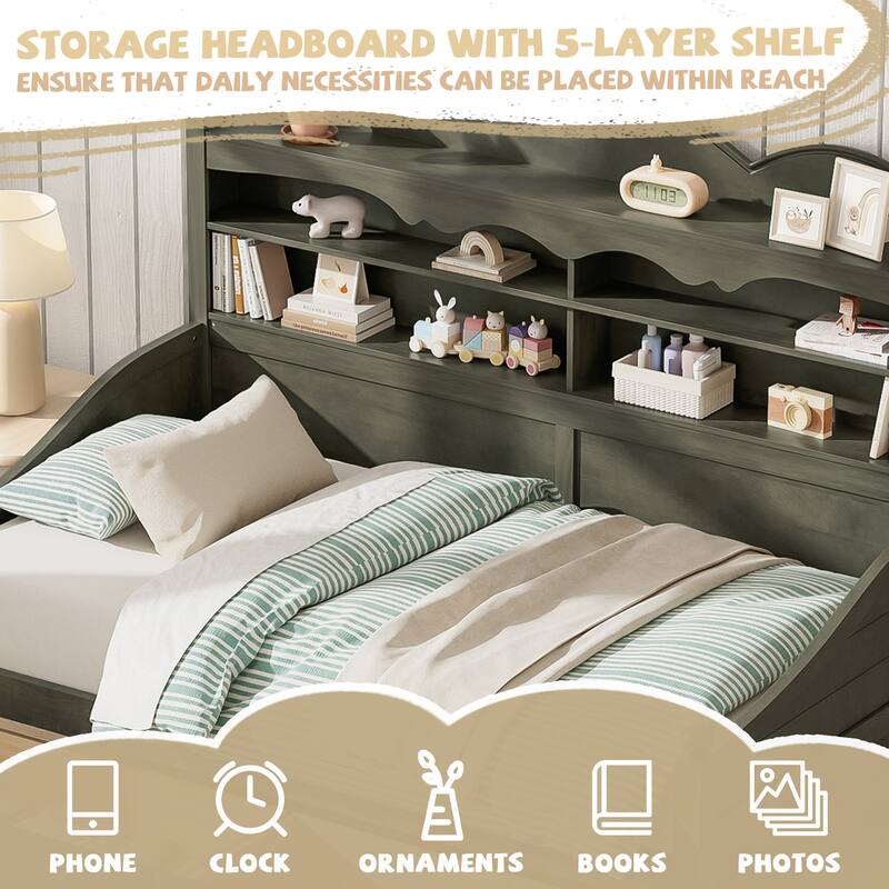 Twin Daybed with Storage Drawers and Headboard Shelving Wooden Frame