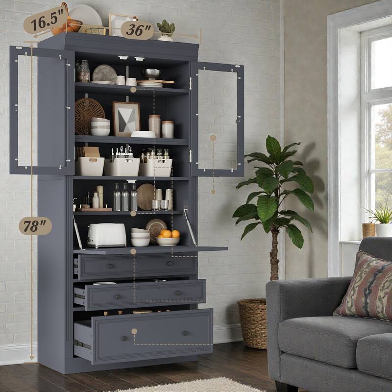 78" Freestanding Kitchen Pantry Cabinet with 3 Drawers, Glass Doors, Adjustable Shelves and Built-In Power Outlet