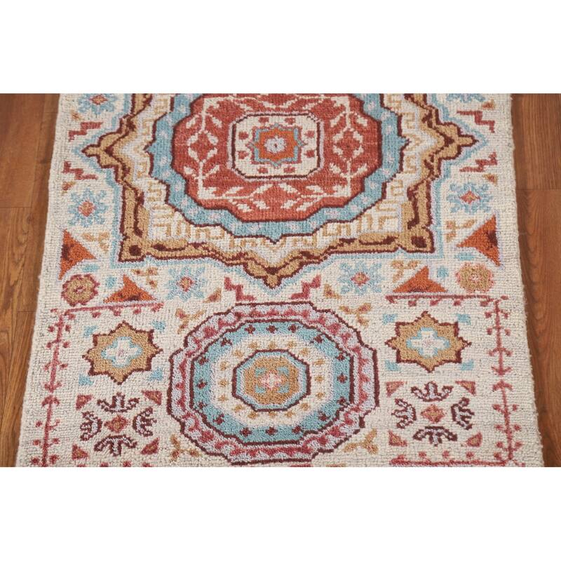 Geometric Beige Kazak Runner Rug Hand-knotted Wool Carpet - 2'6"x 7'10"