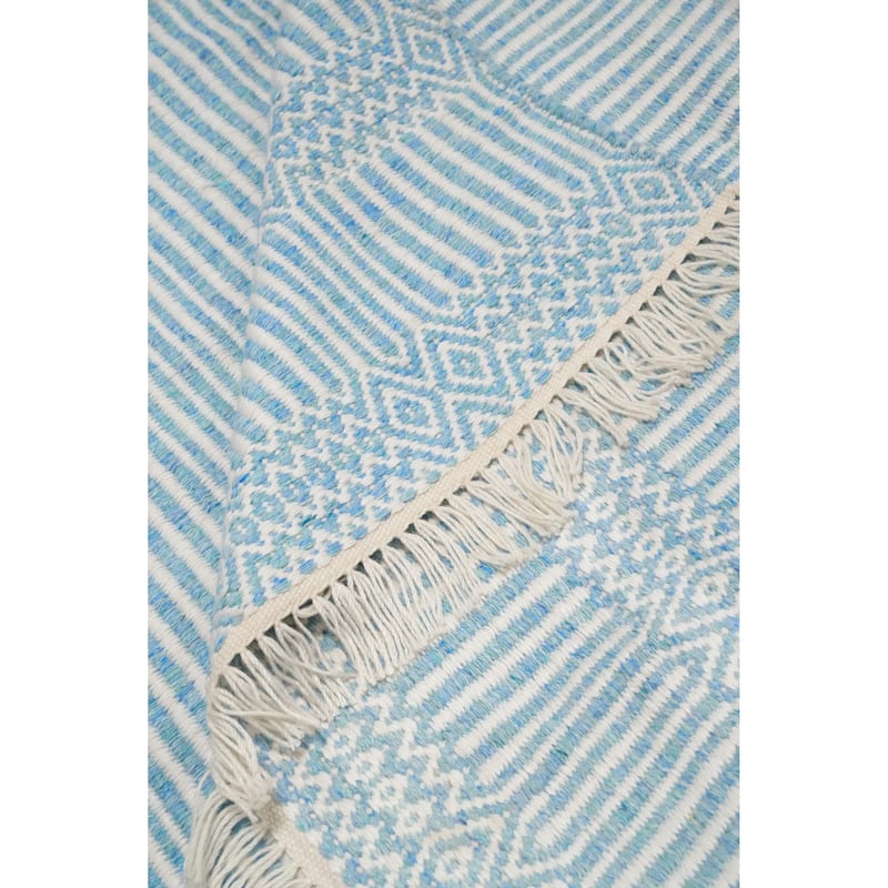 Hand Woven Oriental 100% Wool Carpet Traditional Geometric Navy Blue & Blues Durrie-Kilim Area Rug - 8' 4'' X 5' 0''