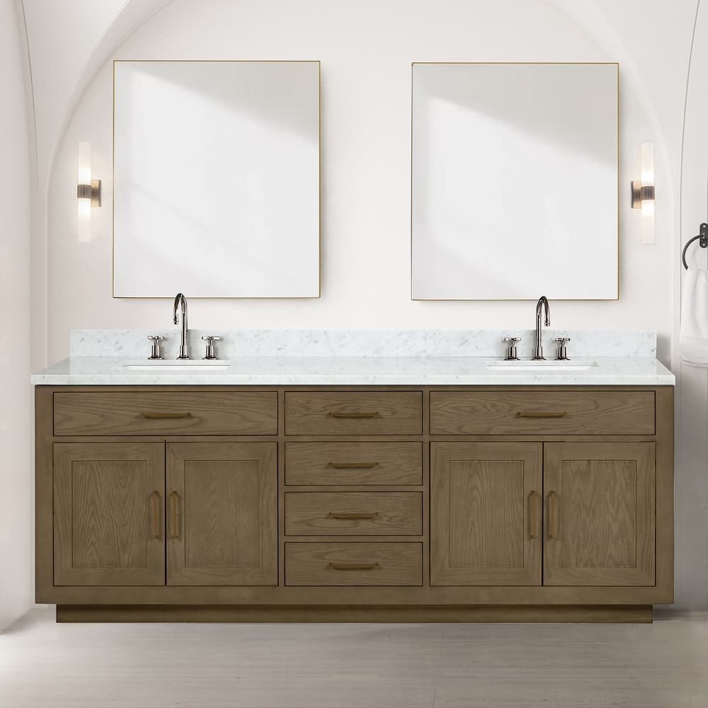 Lexora Abbey Bath Vanity, Carrara Marble Top, and Mirror