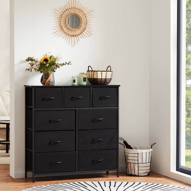Tall Dresser Storage Tower with 9 Fabric Drawers - Black